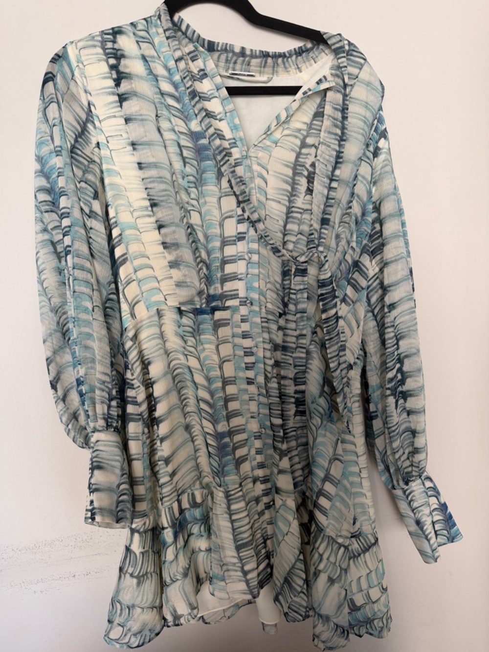Women's Blue Patterned V-Neck Flowy Dress